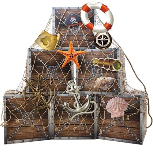 Wood Pirate Party Decorations Set - Imitation Wooden Treasure Chests, Fishing Net & Rope - Adult Halloween Party Supplies