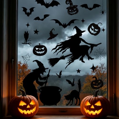 Halloween Witch Bat Window Clings Set - Castle Variation, Large Spooky Decorations