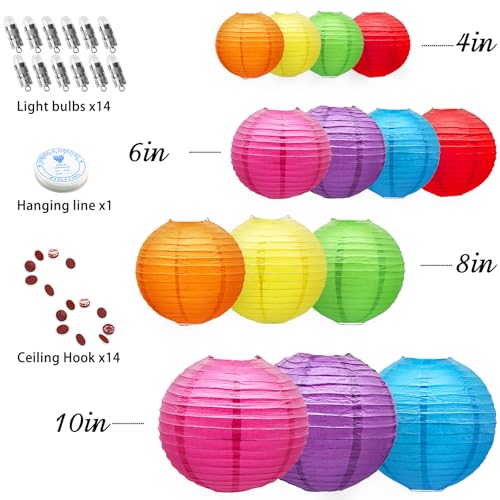 Colorful Paper Lanterns with LED Lights 14 Pack - Green, Blue, Yellow, Red Variation