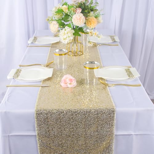 Champagne Gold Sequin Table Runner 12x120 Inches Pack of 6 for Holiday & Wedding Decor Variation of Champagne Gold / 12"W x 120"L