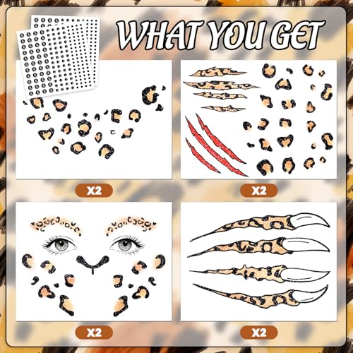 Halloween Leopard Face Paint Tattoos & Black Face Gems - Variation of Leopard Face Tattoos