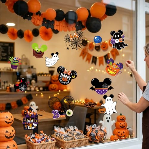 Halloween Mouse Window Clings - Ghost and Pumpkin Decor, 9 Sheets, Reusable Static Clings for Glass Doors & Windows - Halloween Party & Classroom Decorations