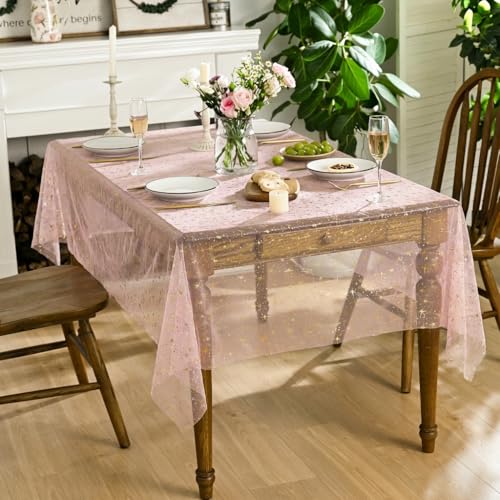 Pink Gold 60x84 Inch Rectangular Gauze Tablecloth - Durable Linen Home Decor