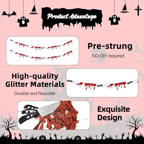 Halloween Blood Drip Banner Garland with Glitter Knife - Red Silver Black Variation