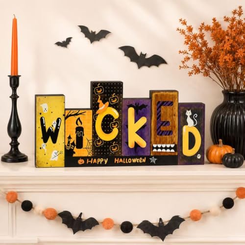 Wicked Halloween Wooden Sign - Ghost Pumpkin Bat Decor Indoor Tabletop