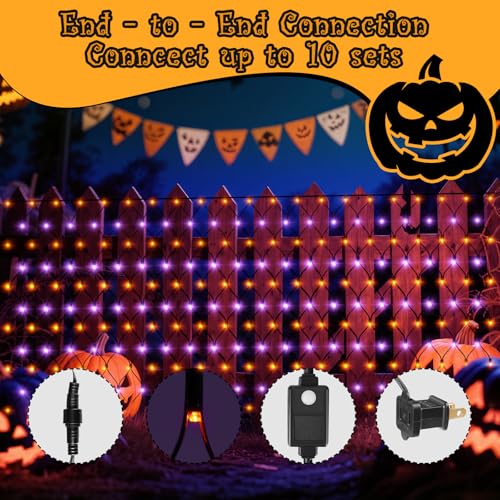 Halloween Net Lights Outdoor 360 LED String Lights - Orange & Purple - 12x5 FT with 8 Modes & Connectable, IP65 Waterproof, Festive Decoration