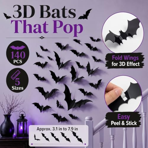 Gilprop Halloween Wall & Stair Decoration Set - Purple, Bat Stickers, Fairy Lights & Creepy Cloth