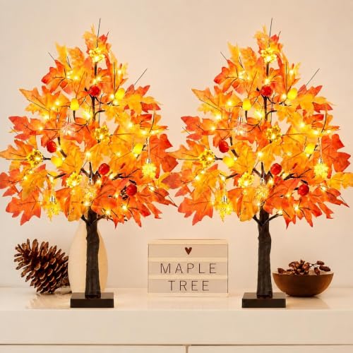 Orange 2 Pack 24in Lighted Maple Trees with LEDs & Timer - Fall Halloween Decor