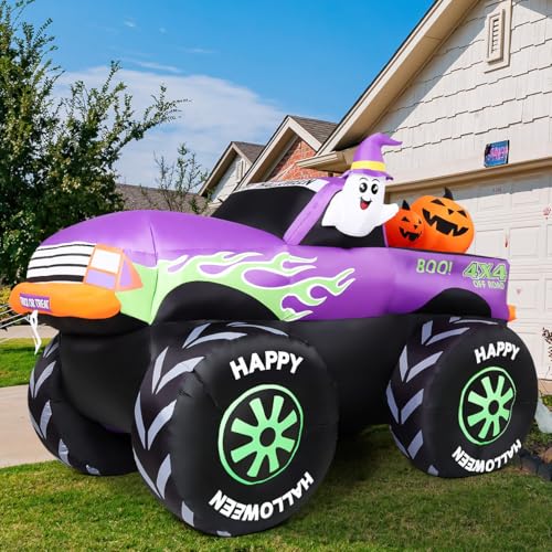 8 FT Halloween Inflatable Monster Truck with Ghost & Pumpkins Outdoor Decor
