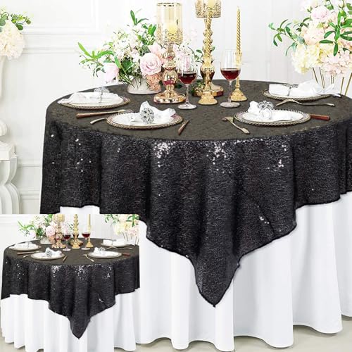 72x72 Inch Black Sequin Tablecloths - 2 Pack Glitter Square Overlay for Wedding, Halloween, Birthday Decor