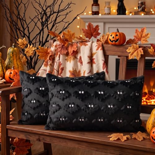 Halloween Pillow Covers 12x20 Inch Black Bat Decor Set of 2 - Variation Black1 / 20" x 12"