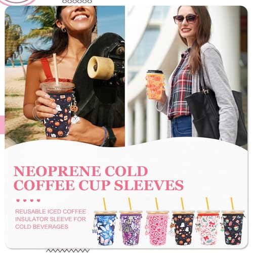 Reusable Neoprene Iced Coffee Sleeve with Handle & Charms - Halloween Variation