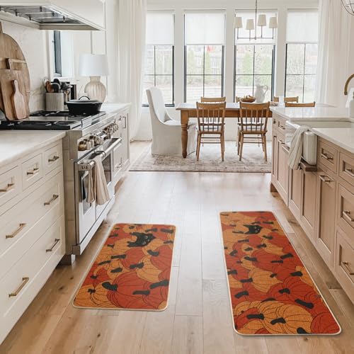 Black Cat Pumpkin Fall Kitchen Mats Set of 2 - Non-Slip Decorative Rug