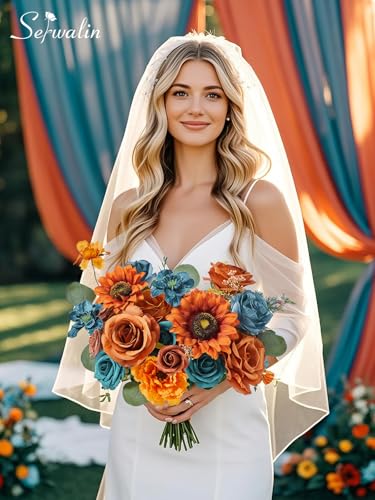 Artificial Burnt Orange & Teal Sunflower Flowers for Decor - Variation of Burnt Sunflower Orange & Teal Square