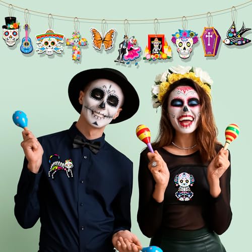 Day of the Dead Wooden Ornaments Set - Sugar Skull, Marigold & Cactus Decor, 36 Pieces