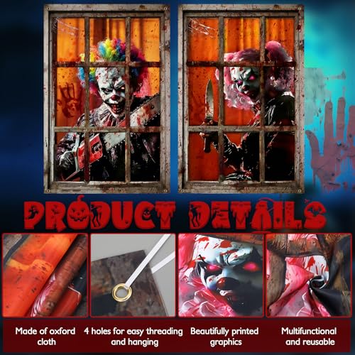 Halloween Window Curtains - Scary Clown Blood Pattern - 4 Pack, 80x120cm