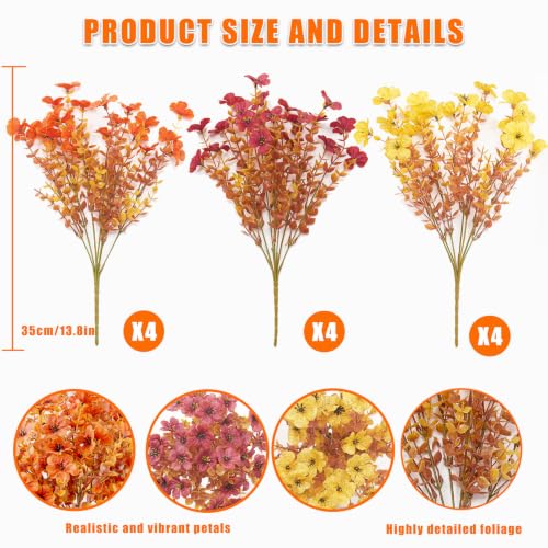 Artificial Fall Flowers Set - 12 Lifelike Daisies & Eucalyptus for Outdoor Porch Decor - Orange Brown Yellow Variation