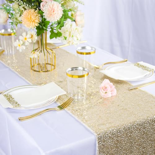 Champagne Gold Sequin Table Runner 12x120 Inches Pack of 6 for Holiday & Wedding Decor Variation of Champagne Gold / 12"W x 120"L