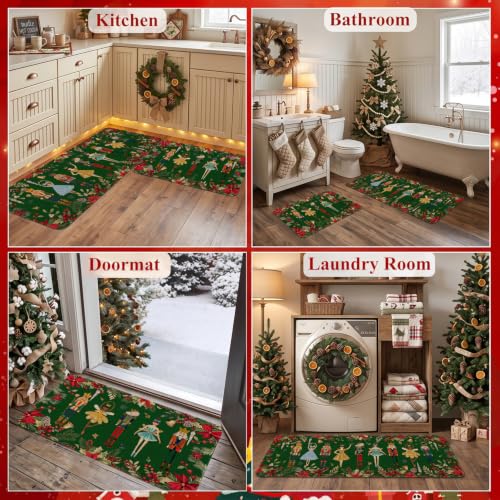 Nutcracker Green Christmas Kitchen Rugs Set of 2 - Door Mat & Runner, Holiday Home Decor