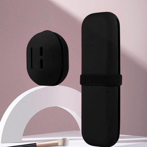 BSJIASHIWEI Silicone Makeup Brush Holder Travel Case No Odor Nylon Strap Closure | Water-Resistant Brush Organizer for Travel Makeup Brushes Storage-Black