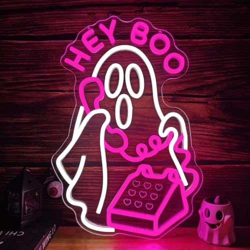Hey Boo Halloween Neon Sign for Wall Decor Pink Ghost Dimmable USB LED
