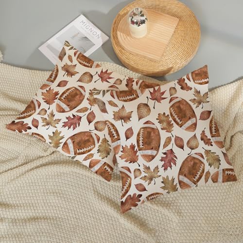 Football Maple Leaf Fall Pillow Covers 16x16 Pack of 2 - Autumn Linen Decor