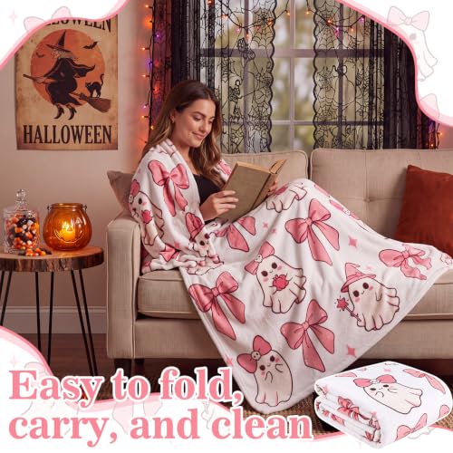 Halloween Ghost Throw Blanket with Pink Bow - Soft 50x60 Inch Bed & Couch Decor - Pink & White Variant