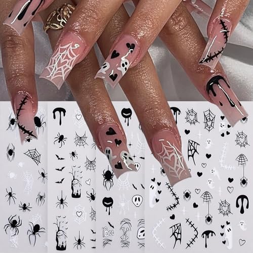 Halloween Nail Stickers Set - Black White Spider Web Blood Heart Ghost Punk Retro