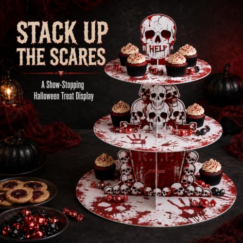 Halloween Bloody Cupcake Stand - 3-Tier Skeleton Handprints Party Decor - Bloody Variant