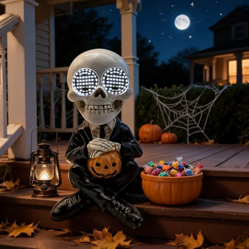 Halloween Skeleton Statue with LED Eyes - Cheerful Skeleton Figurine for Indoor Decor - Variation: Skeleton