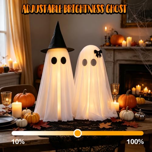 Light Up Halloween Ghost Decorations with Remote Control - 2 Pack Spooky Ghosts with Witch Hat & Veil