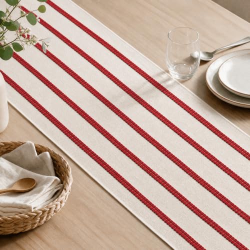 Red Farmhouse Woven Stripe Christmas Table Runner 12x120 Inch - Holiday Decor