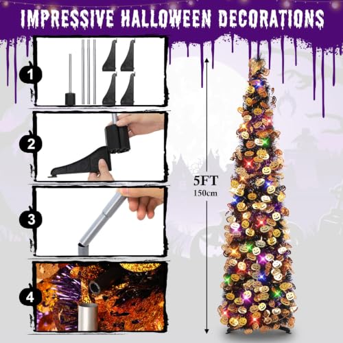Halloween Tree Decorations with Lights - 5FT Black Purple Collapsible Tinsel Tree with Pumpkins & 8 Lighting Modes