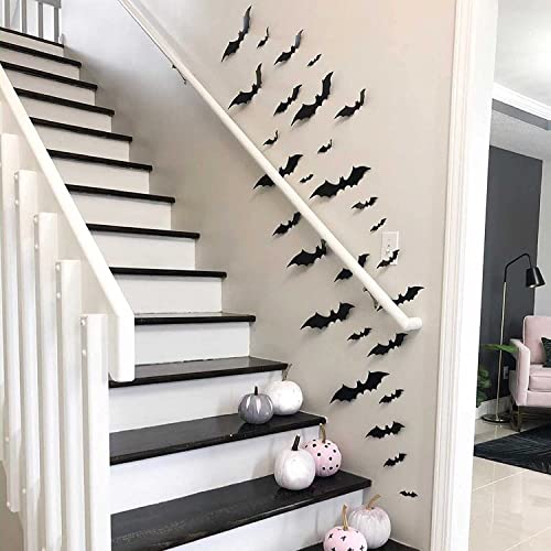 Bat-Shaped 3D Wall Decor - Reusable PVC Halloween Bats Set of 60 with 4 Sizes