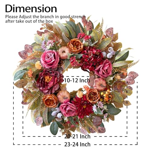 24-Inch Fall Floral Front Door Wreath with Burgundy Roses & Pumpkins - Farmhouse Harvest Decor