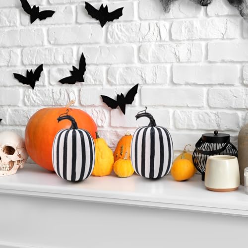Artificial Pumpkin Set - 6 Pcs Fake Zebra Pumpkins for Fall Halloween Thanksgiving Decor 4.7 Inch
