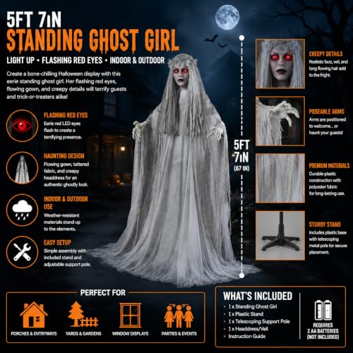 Animated 5.7ft Spooky Ghost Girl Halloween Decoration with Light-Up Eyes