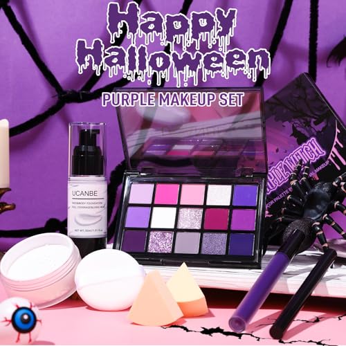 UCANBE Purple Halloween Makeup Kit - 15-Color Eyeshadow, White Foundation & Lipstick