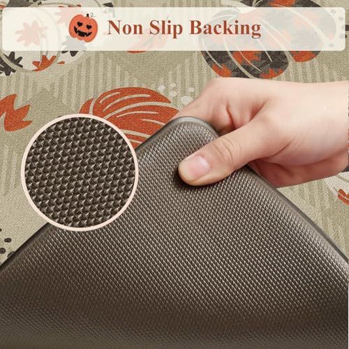 Pumpkin Checkered Fall Kitchen Mats Set of 2 Anti-Fatigue Cushioned Rugs