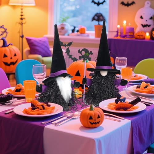 15 Inch Halloween Gnome Decor Set - Black & Purple Witch & Skull Gnomes, Indoor & Outdoor Halloween Tabletop Decorations