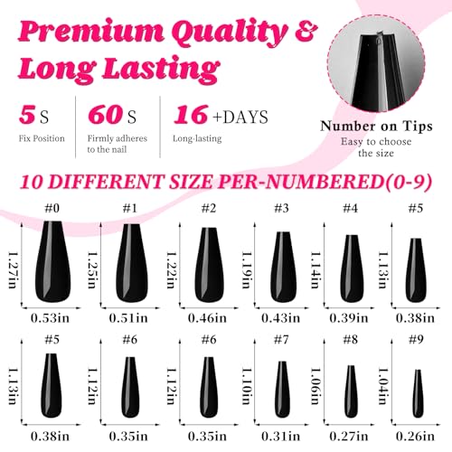 Long Black Coffin Press On Nails Set - 120 Pcs Fake Nails with Sizes & Tips