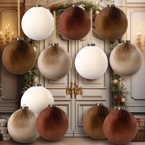 Large Brown Velvet Christmas Balls - 6 Inch Flocked Ornaments, Set of 12
