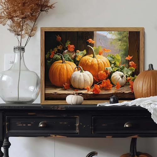 Halloween Pumpkin Wall Art Framed 16x12 Inch Autumn Harvest Decor with Wood Frame