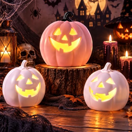 Pink Halloween Pumpkin Decor Set - 3 LED Lighted Flocked Resin Ornaments