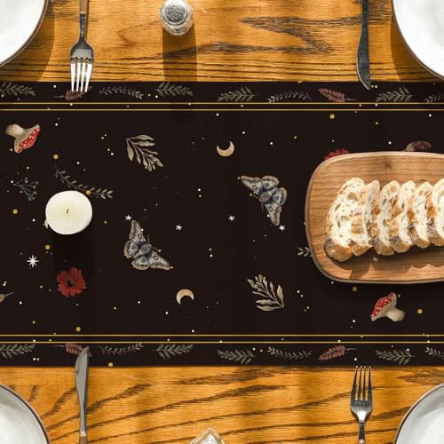 Autumn Table Runner 13x90 Inch - Poppy Mushroom Moon Fall Decor - Black