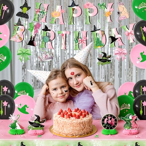 Witch Theme Birthday Party Decorations Set Pink Green Banner Balloons Centerpieces & Tattoos