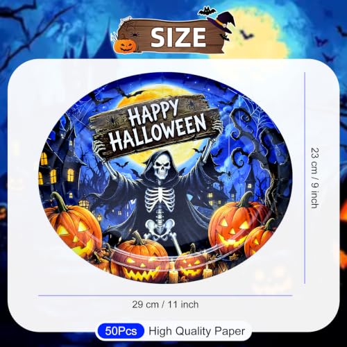 Halloween Skeleton Oval Paper Plates 9x11 - 50 Pack | Spooky Party Supplies