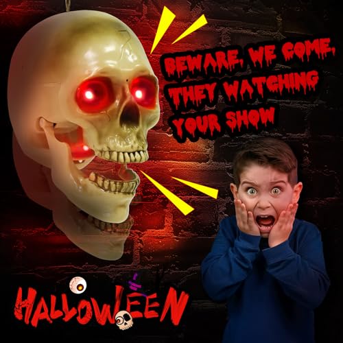Halloween Animatronic Talking Hanging Skull Head Outdoor Decor - Scary Sound & RGB Lights