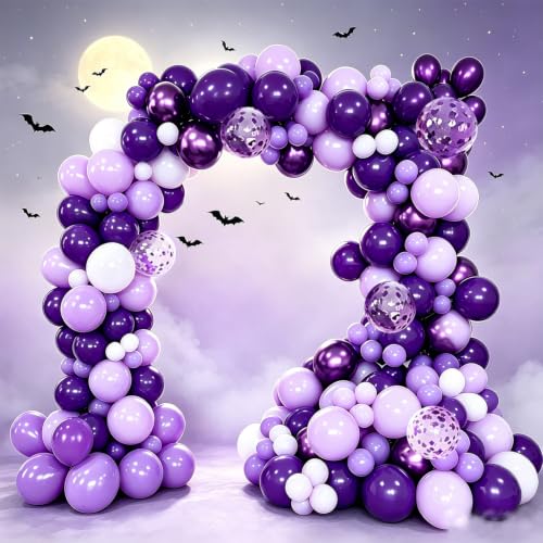 Halloween Balloon Garland Kit with Spooky Purple White Balloons & Web Decor
