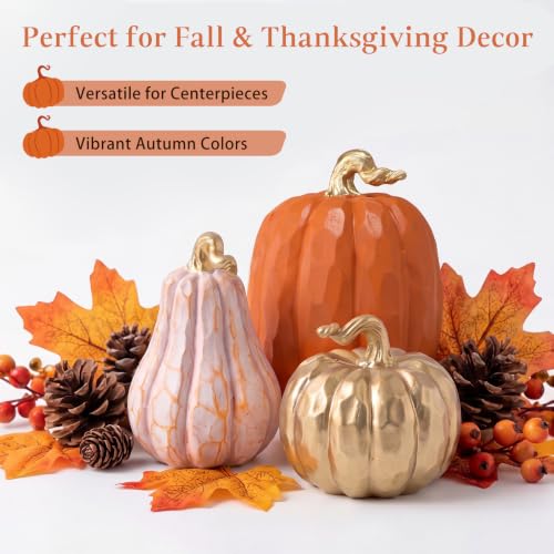 Fall Pumpkin Decor Set of 3 - White and Gold Resin Pumpkin Statues with Variation Pumpkin / Fall